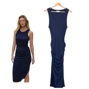 Michael Stars Wren Ribbed Midi Dress Women's Medium Navy Tank Ruched Slit